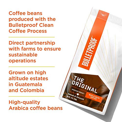 The Original Whole Bean Coffee, tostado medio, 12 onzas, café 100% arábica a prueba de balas, apto para ceto, café limpio certificado, Rainforest Alliance, procedente de Guatemala, Colombia y El Salvador